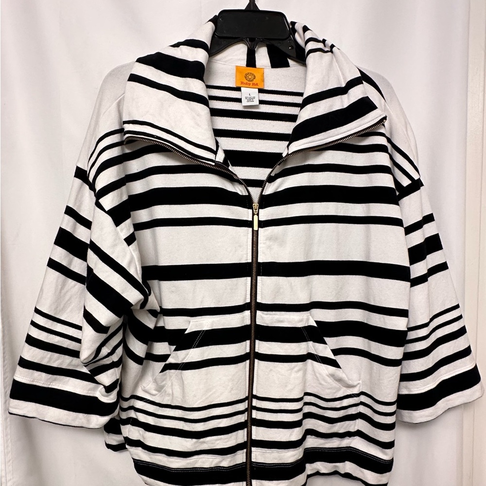 Ruby Rd. Black & White Striped Zip-Up Jacket – Size L